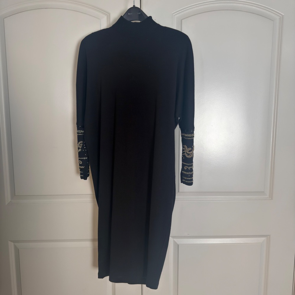 Liz Claiborne Black Knit Mock Neck Midi Dress Beaded Dolman Sleeve Vintage M